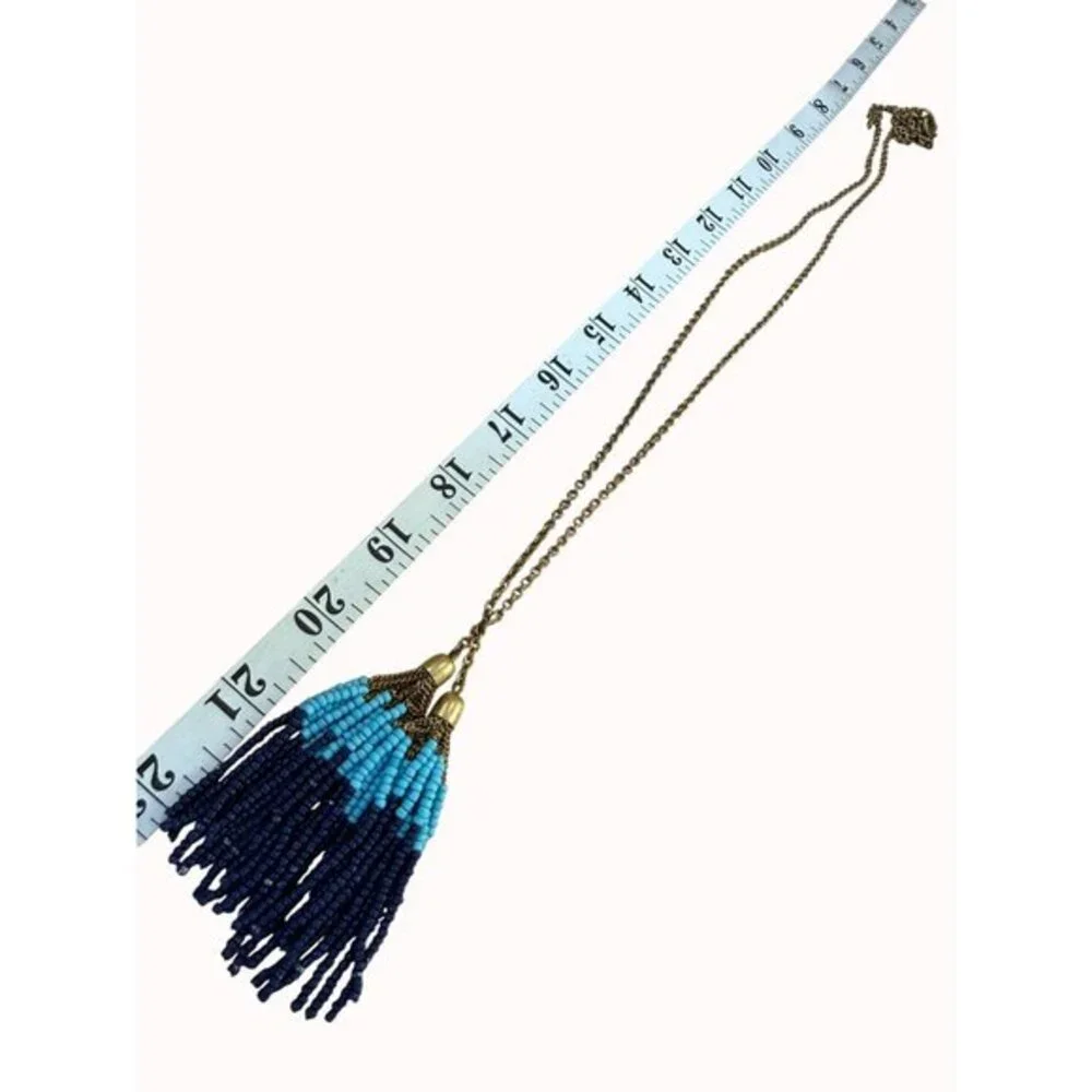 J. Crew‎ Long Beaded Tassel Necklace With Blue & Turquoise Beads On Brass Chain